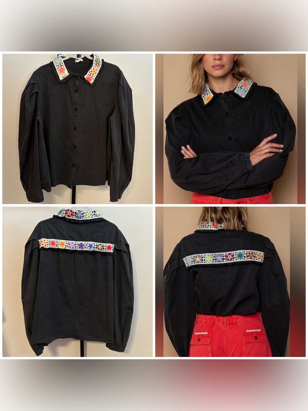 POL Crochet Embroidered Ruffle Washed Black Button-Up Shirt Oversized Medium